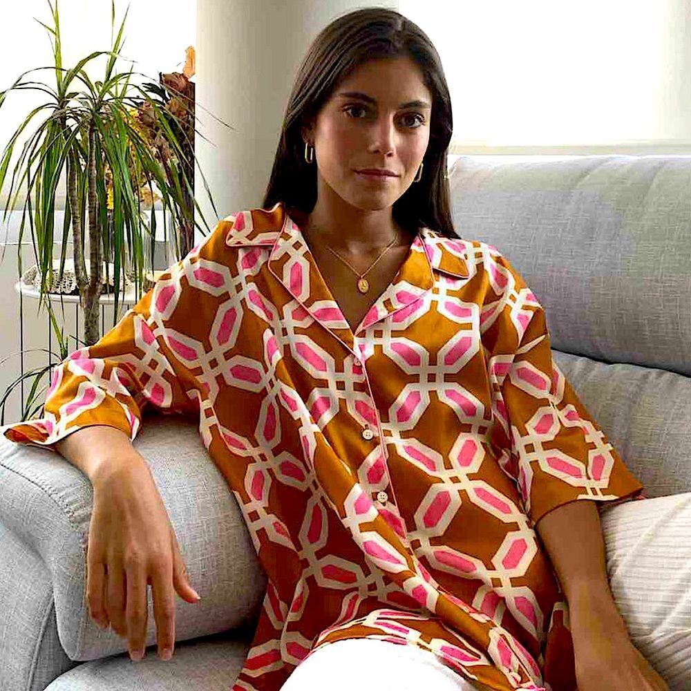 ZARA Top Geometric Print Blouse Pajama Style Satin Shirt Size L
